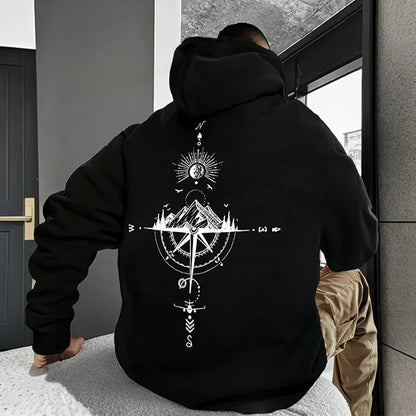 Vintage Compass Print Hoodie — Men's Casual Pullover Sweatshirt