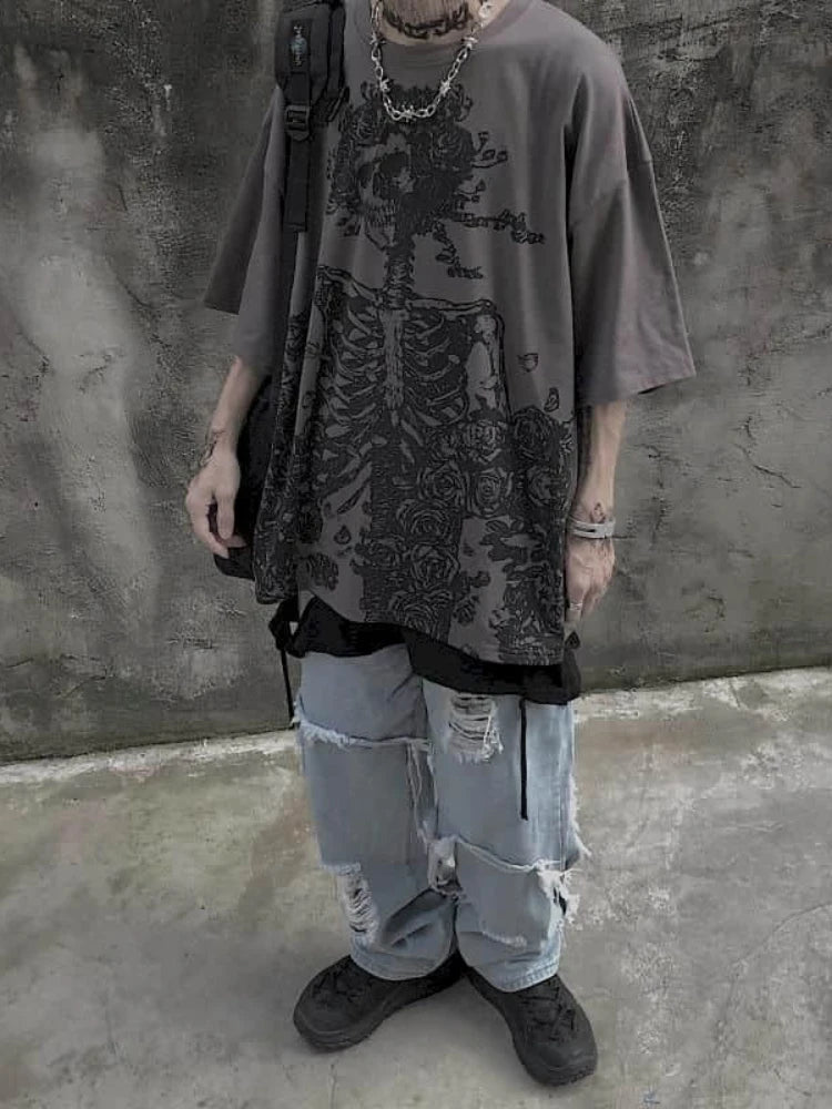 Gothic Skull Graphic Tee — Men's Oversized Streetwear T-Shirt