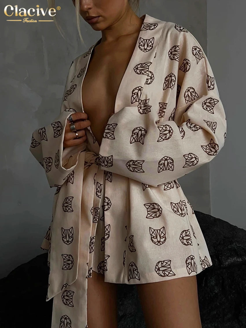 Clacive Fashion Loose Print 2 Piece Sets Womens Outfits Casual Lace-Up Long Sleeve Robes With High Waist Shorts Set Homewear