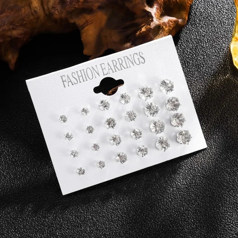 New 12 Pairs Of White Shiny Wedding Stud Earrings Set For Women/ Men Crystal Jewelry Accessories