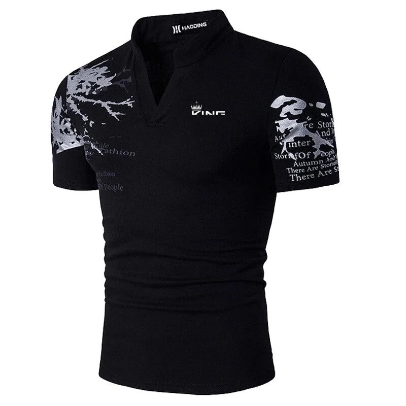 Graphic Print V-Neck Polo — Men's Streetwear Golf Shirt