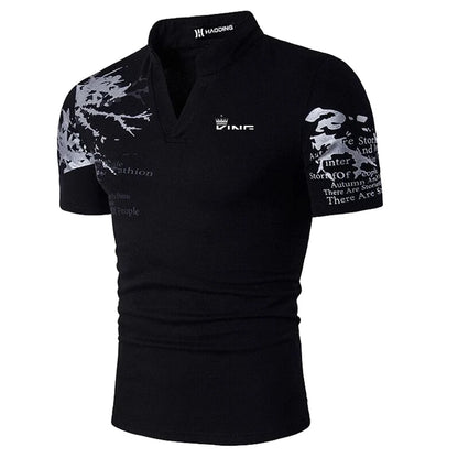 Graphic Print V-Neck Polo — Men's Streetwear Golf Shirt
