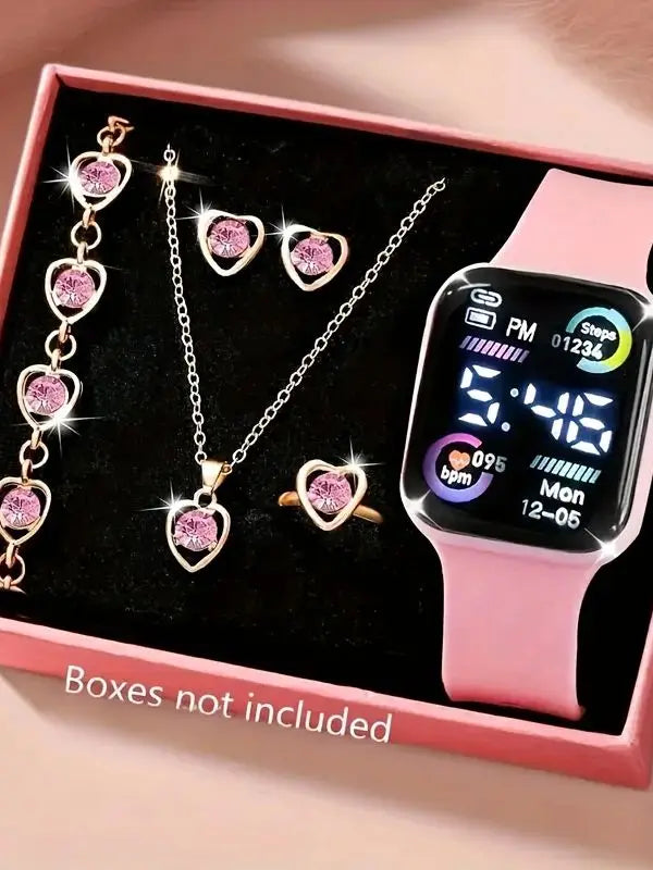 6-piece set of fashion- electronic watch, necklace, earrings, ring set for women, the best choice for a friends gifts