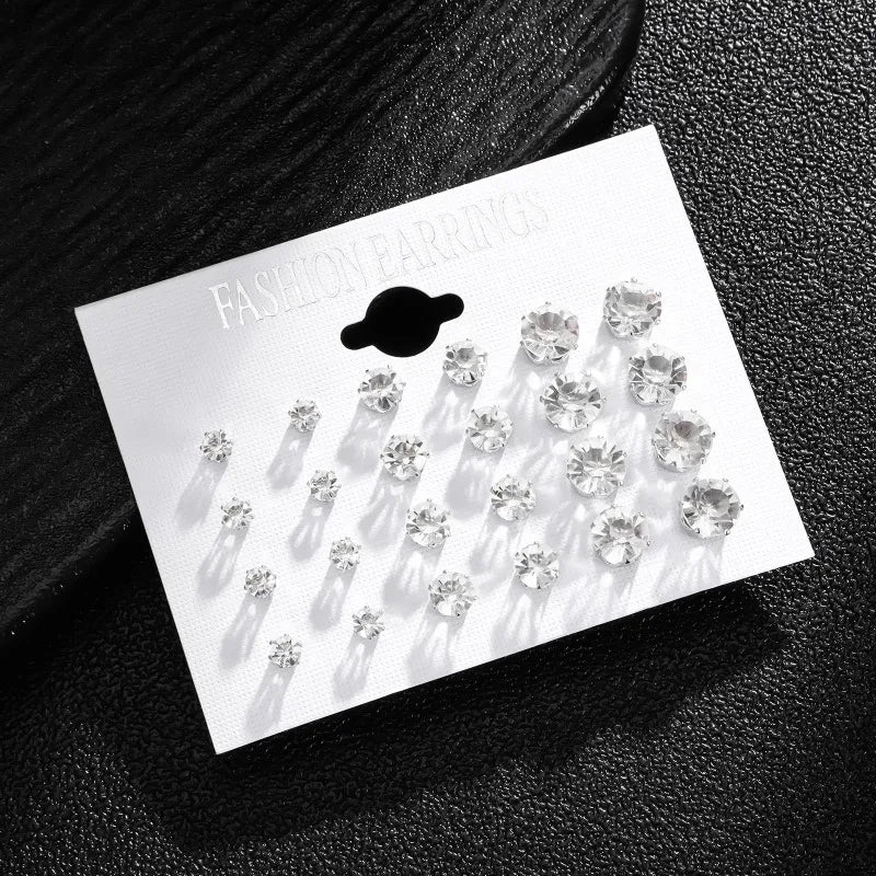 New 12 Pairs Of White Shiny Wedding Stud Earrings Set For Women/ Men Crystal Jewelry Accessories