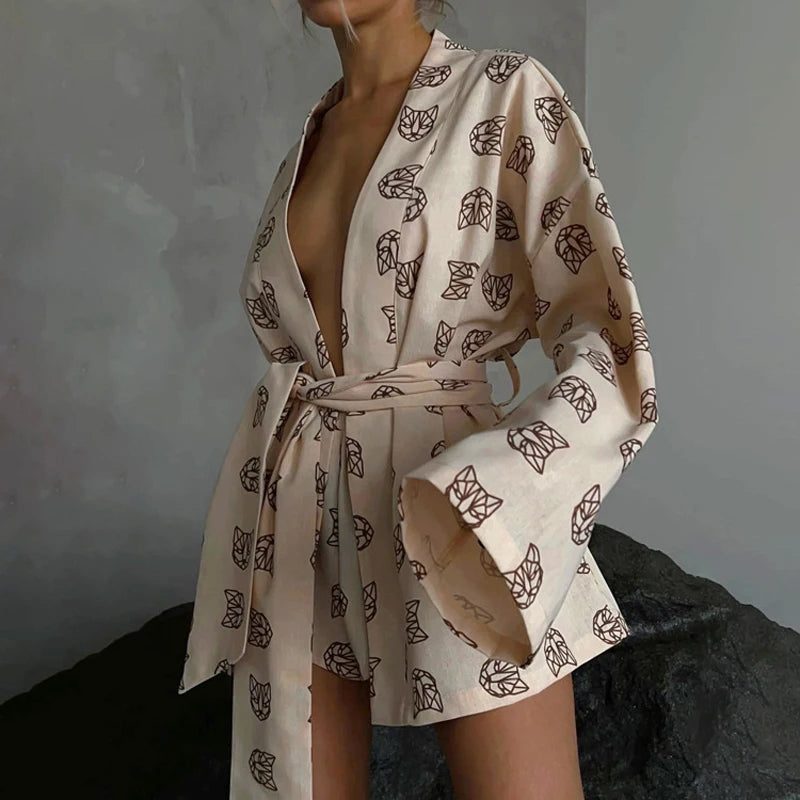 Loose Print 2 Piece Womens Shirts Set Casual Lace Up