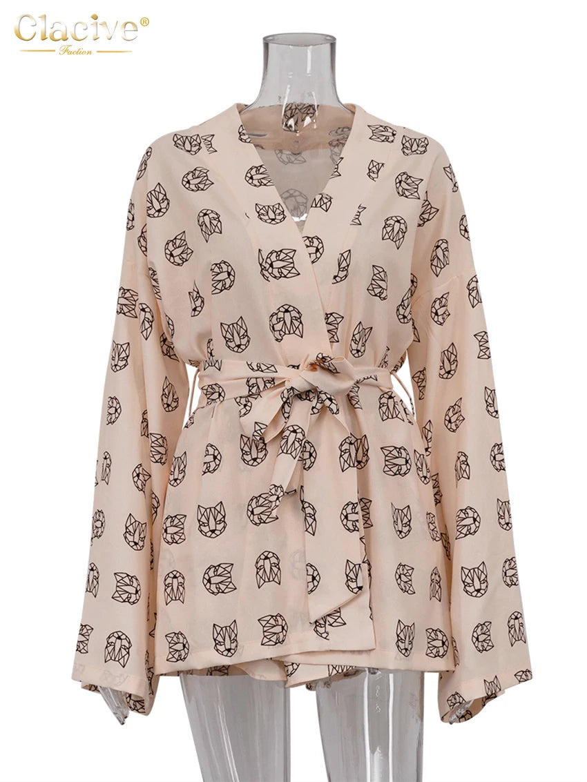 Clacive Fashion Loose Print 2 Piece Sets Womens Outfits Casual Lace-Up Long Sleeve Robes With High Waist Shorts Set Homewear
