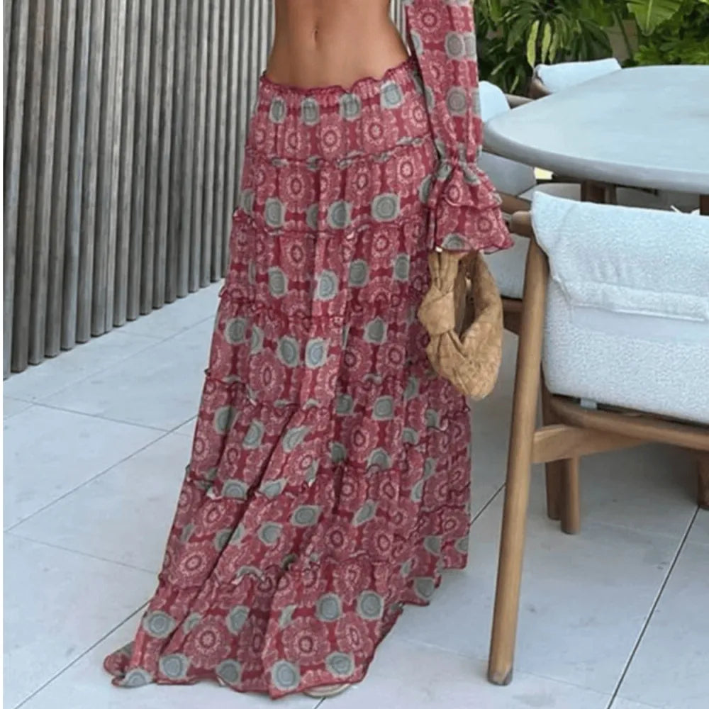 Vintage Print Skirt Two Piece Set Women Sexy Off Shoulder Cropped Top