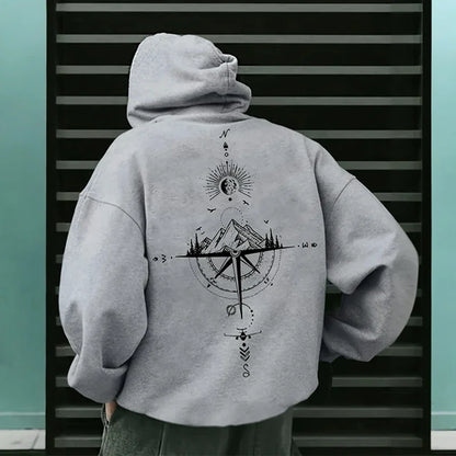 Vintage Compass Print Hoodie — Men's Casual Pullover Sweatshirt