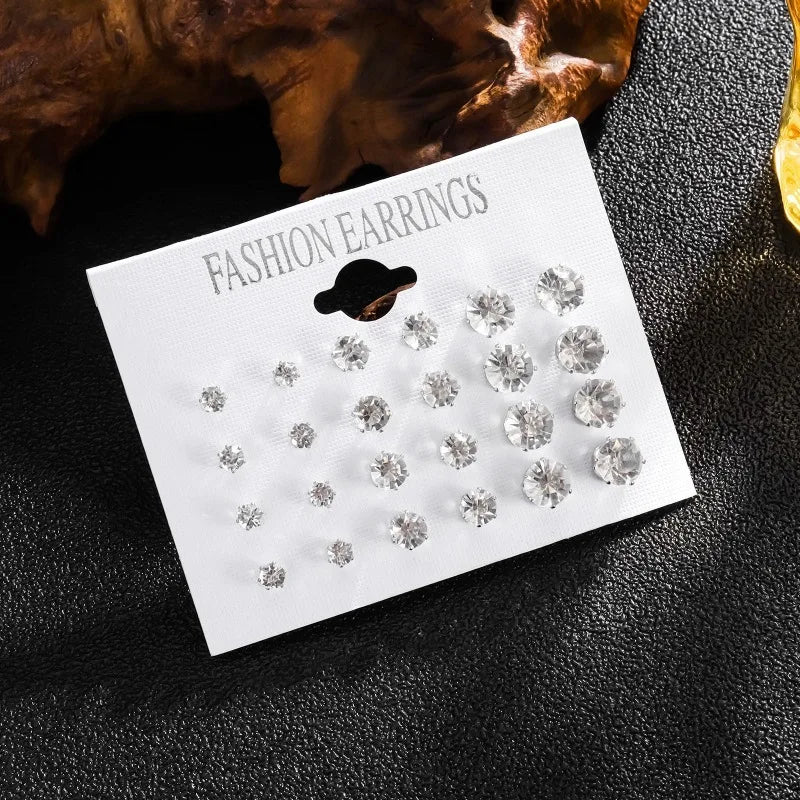 New 12 Pairs Of White Shiny Wedding Stud Earrings Set For Women/ Men Crystal Jewelry Accessories