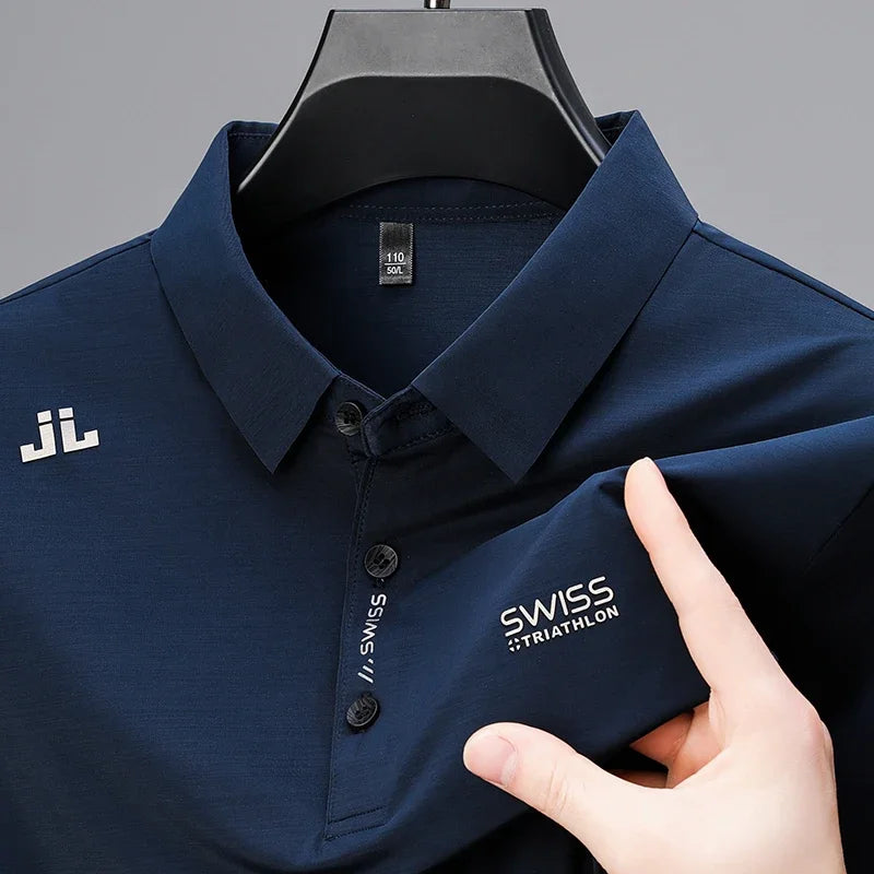 Badge Detail Business Casual Polo — Men's Breathable Short Sleeve Shirt