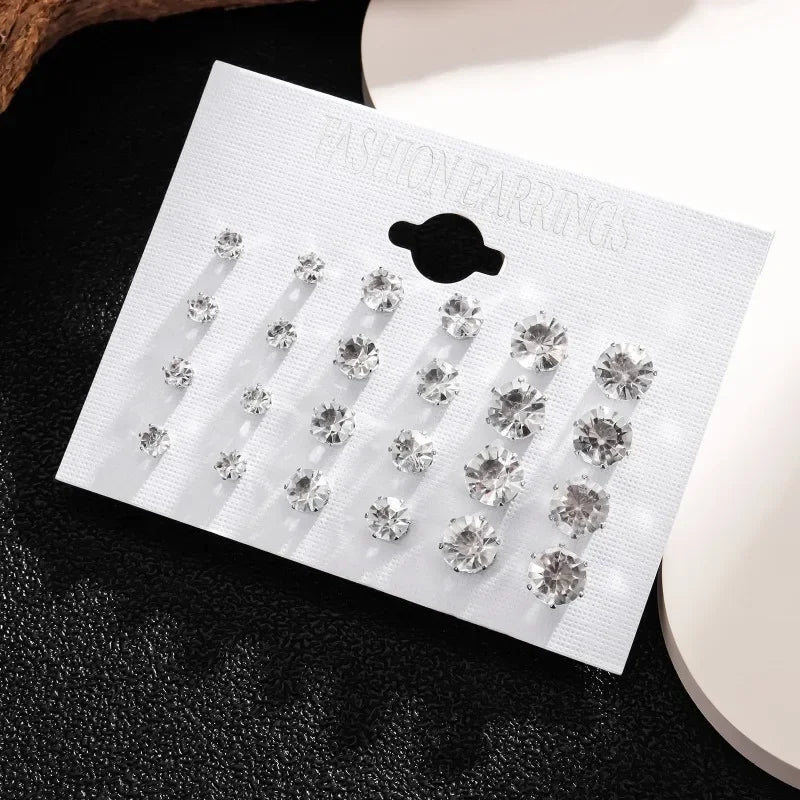 New 12 Pairs Of White Shiny Wedding Stud Earrings Set For Women/ Men Crystal Jewelry Accessories