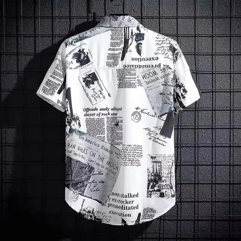 Graffiti Print Short Sleeve Shirt — Men's Loose Fit Beach Shirt