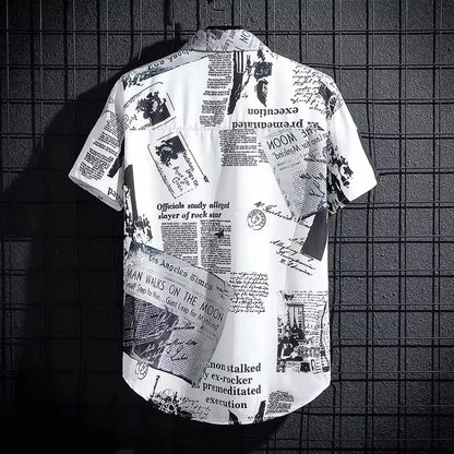 Graffiti Print Short Sleeve Shirt — Men's Loose Fit Beach Shirt