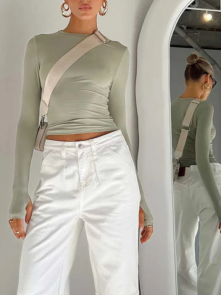 Thumbhole Crop Tee — Women's Slim Fit Long Sleeve Streetwear Top