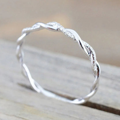 Huitan Simple Stylish Women Thin Rings Fancy Twist Band Shiny Crystal Cubic Zircon Daily Wear Versatile Jewelry Minimalist Gift