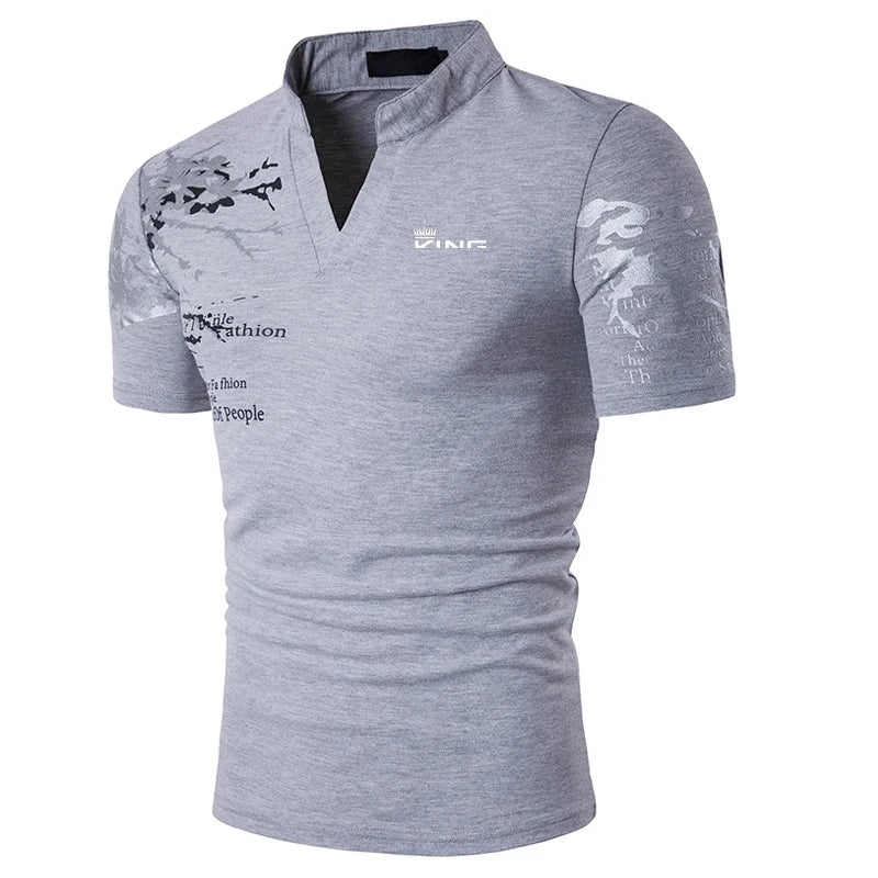 Graphic Print V-Neck Polo — Men's Streetwear Golf Shirt