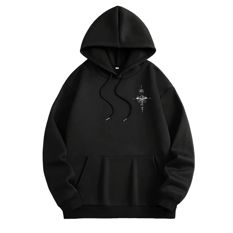 Vintage Compass Print Hoodie — Men's Casual Pullover Sweatshirt
