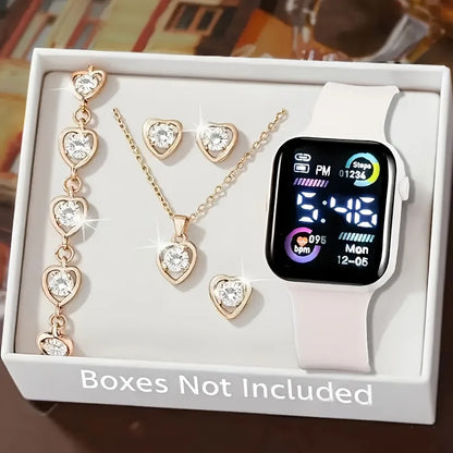 6-piece set of fashion- electronic watch, necklace, earrings, ring set for women, the best choice for a friends gifts