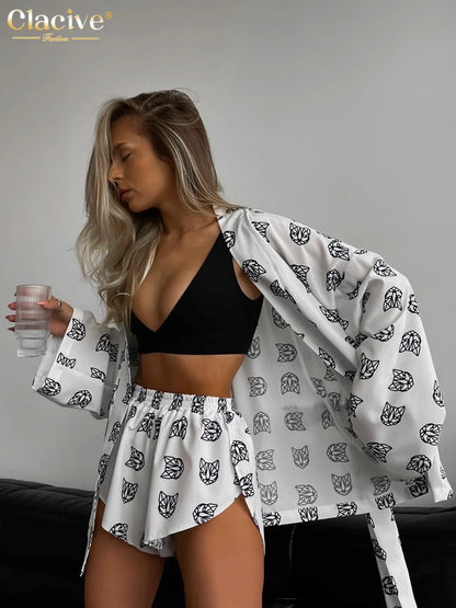 Clacive Fashion Loose Print 2 Piece Sets Womens Outfits Casual Lace-Up Long Sleeve Robes With High Waist Shorts Set Homewear