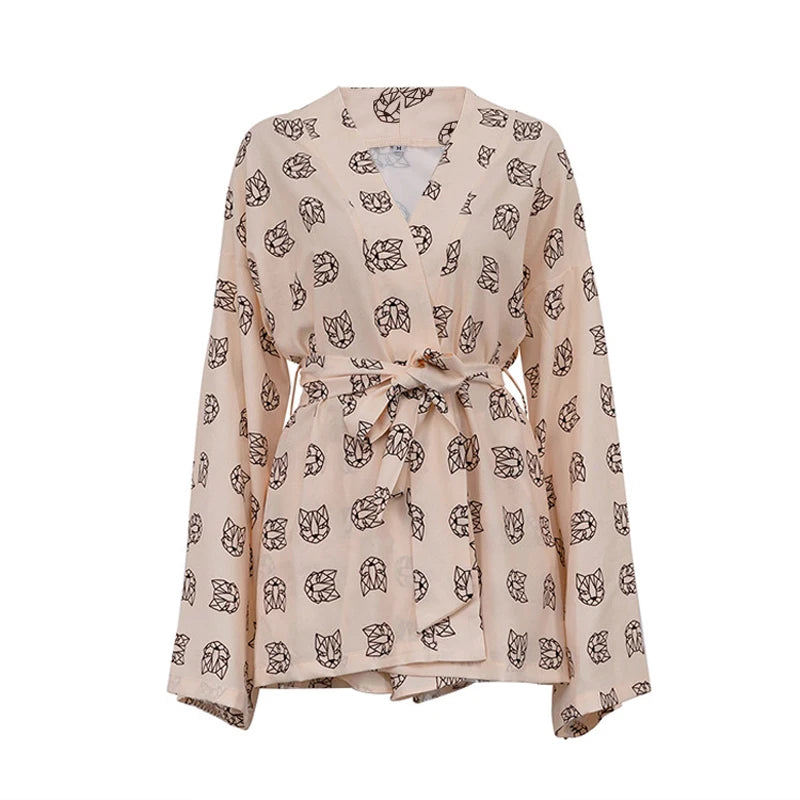 Loose Print 2 Piece Womens Shirts Set Casual Lace Up
