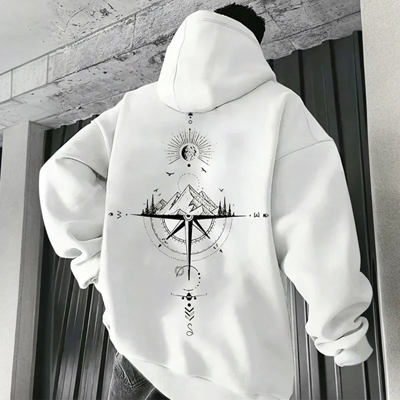 Vintage Compass Print Hoodie — Men's Casual Pullover Sweatshirt