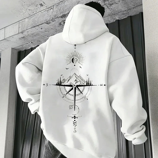 Vintage Compass Print Hoodie — Men's Casual Pullover Sweatshirt