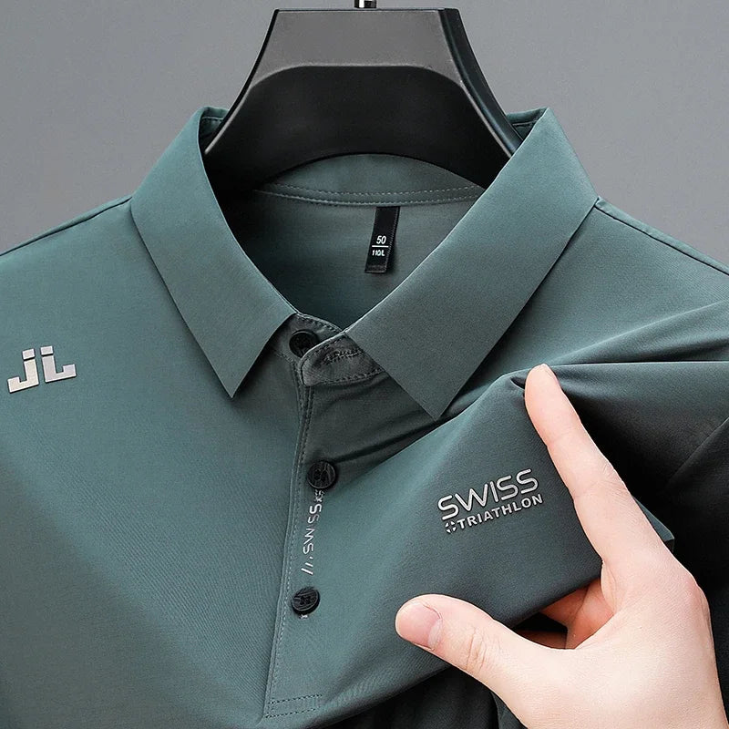 Badge Detail Business Casual Polo — Men's Breathable Short Sleeve Shirt