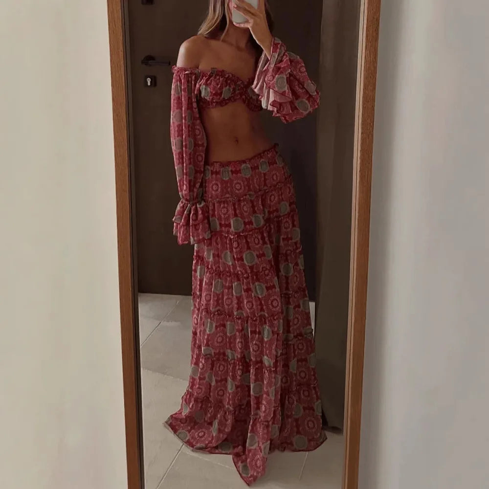 Vintage Print Skirt Two Piece Set Women Sexy Off Shoulder Cropped Top
