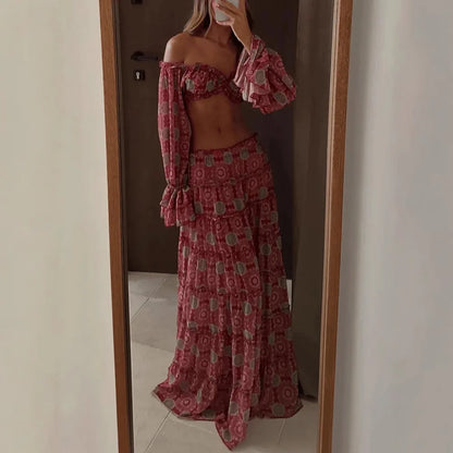 Vintage Print Skirt Two Piece Set Women Sexy Off Shoulder Cropped Top A-line Skirts 2 Piece Sets Fashion Vacation Style Clothing