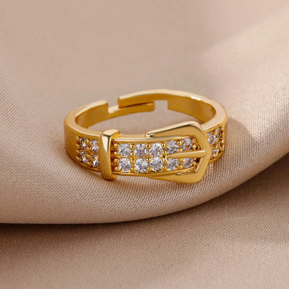 Stainless Steel Belt Rings For Women Zircon Adjustable Belt Finger Ring