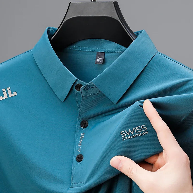 Badge Detail Business Casual Polo — Men's Breathable Short Sleeve Shirt