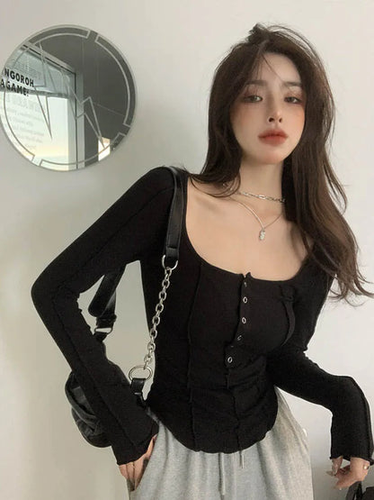 Black White T Shirt Women Cotton Button Elasticity Slim Long Sleeve 2023 Fall Tops Fashion Korean Style T-shirt Womens Clothing