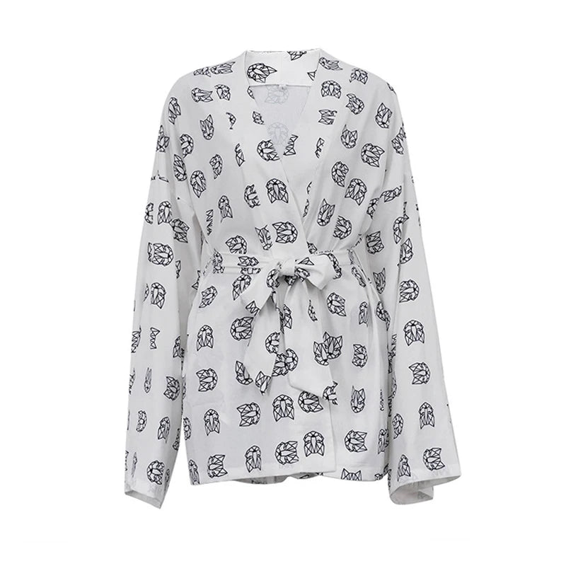 Loose Print 2 Piece Womens Shirts Set Casual Lace Up