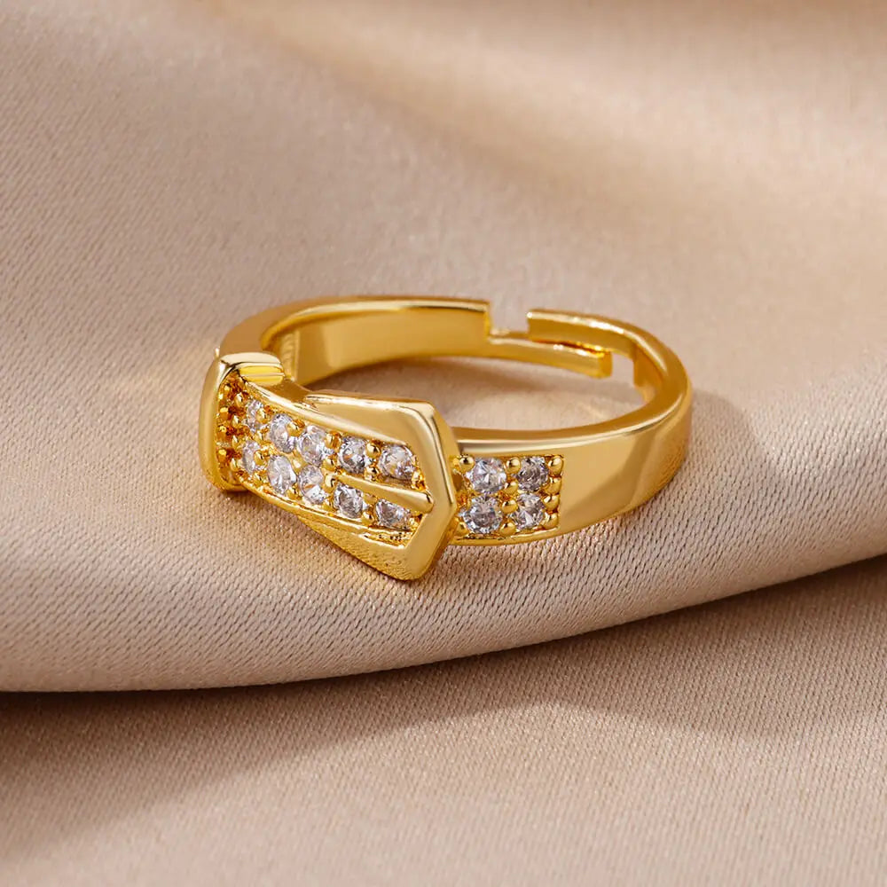 Stainless Steel Belt Rings For Women Zircon Adjustable Belt Finger Ring