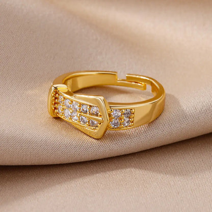 Stainless Steel Belt Rings For Women Zircon Adjustable Belt Finger Ring