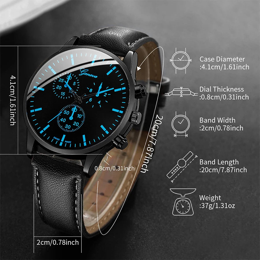 3PCS Mens Casual Business Watch Set Leather Band Quartz