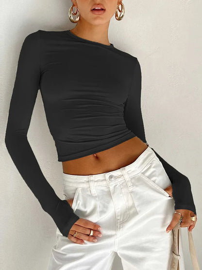 Thumbhole Crop Tee — Women's Slim Fit Long Sleeve Streetwear Top