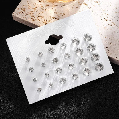 New 12 Pairs Of White Shiny Wedding Stud Earrings Set For Women/ Men Crystal Jewelry Accessories