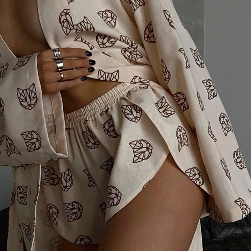Loose Print 2 Piece Womens Shirts Set Casual Lace Up