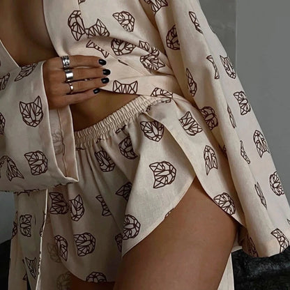 Shorts Set Homewear Fashion Loose Print 2 Piece Sets Womens Outfits Casual Lace Up Long Sleeve Robes With High Waist Pajama 2023