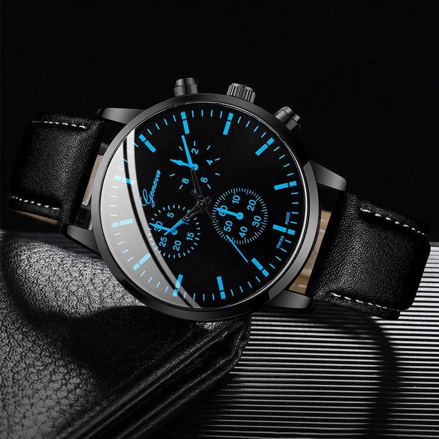 3PCS Mens Casual Business Watch Set Leather Band Quartz